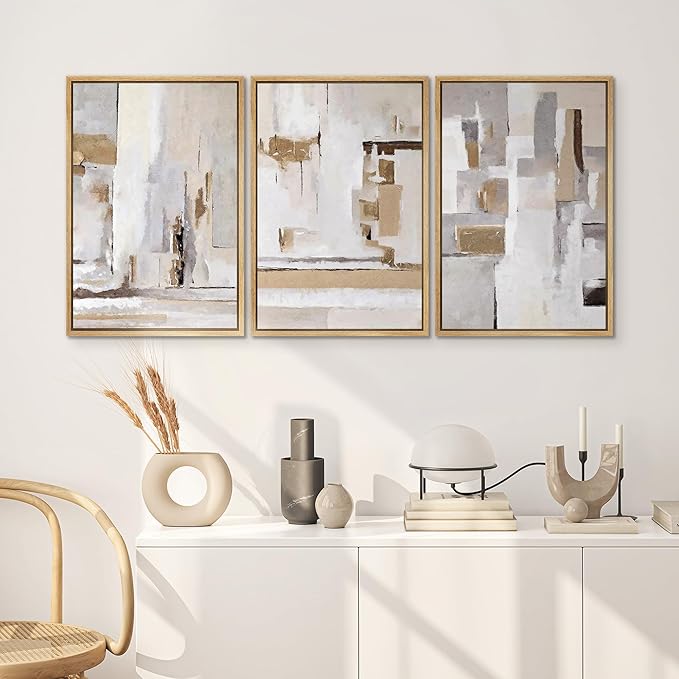 SIGNWIN Framed Canvas Print Wall Art Set Abstract Geometric Neutral Beige and White Illustrations Modern Art Decorative Rustic Calm/Zen for Living Room, Bedroom, Office - 16"x24"x3 Natural