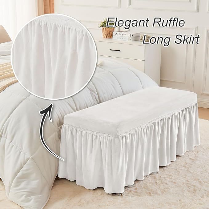 NICEEC Spandex Stretch Dining Bench Cover with Skirt Removable Bench Slipcover Rectangle Washable Bench Cushion Covers for Dining Room Living Room Bedroom Kitchen(White)