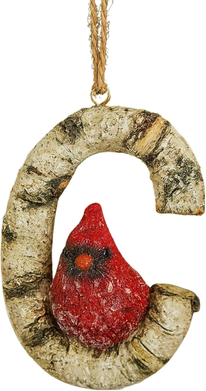 Rustic Cardinal Initial Letter Christmas Ornament – Birch Wood Look Hanging Alphabet Monogram Decoration for Holiday Tree & Winter Home Décor (C)
