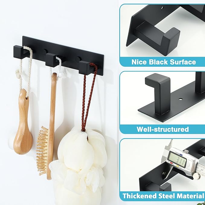 Alise Coat Hooks Wall Mount Hat and Coat Rack with 3 Hooks Wall Mount Key Hooks for Robes,Bags,Keys,and Towels,SUS304 Stainless Steel Wall Hooks for Hanging,Self Adhesive or Drilling,Matte Black
