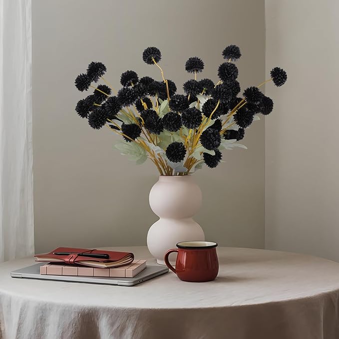 Hananona 12 Piece Artificial Chrysanthemum Flowers, Mini Black Kiku Pom Pom Mums Flower Faux Floral Arrangements Halloween Centerpiece for Fall Home Kitchen Decor (12, Black)