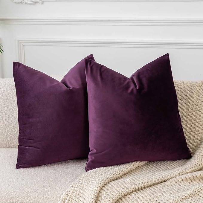 JUSPURBET Velvet Pillow Covers Set of 2 Decorative Throw Pillow Covers for Couch Sofa Bed Soft Cushion Covers Cases with Hidden Zipper for Living Room Home Decor 18x18 inch,Eggplant Purple