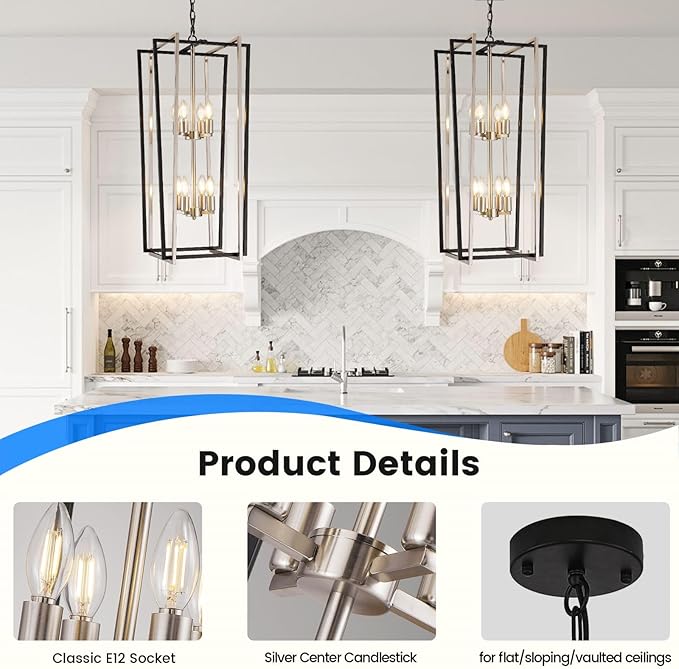 WJShome 8-Light Modern Chandelier, Farmhouse Foyer Lighting Fixtures, Chandeliers for High Ceilings, Black and Silver Lantern Pendant Light Fixtures, for Staircase, Entryway Hallway