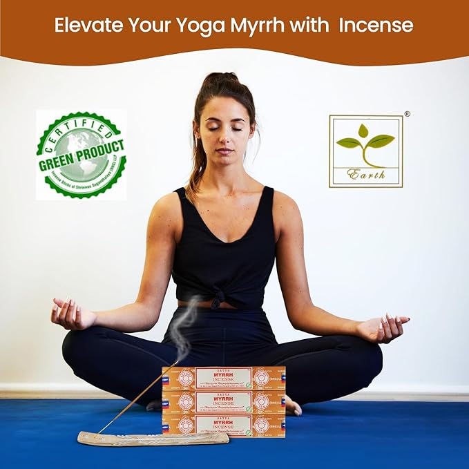 Satya Myrrh Incense Sticks, Satya 15gmx12 Pack with Raajsee Incense Holder Bundle, Satya Nagchampa Natural Incense