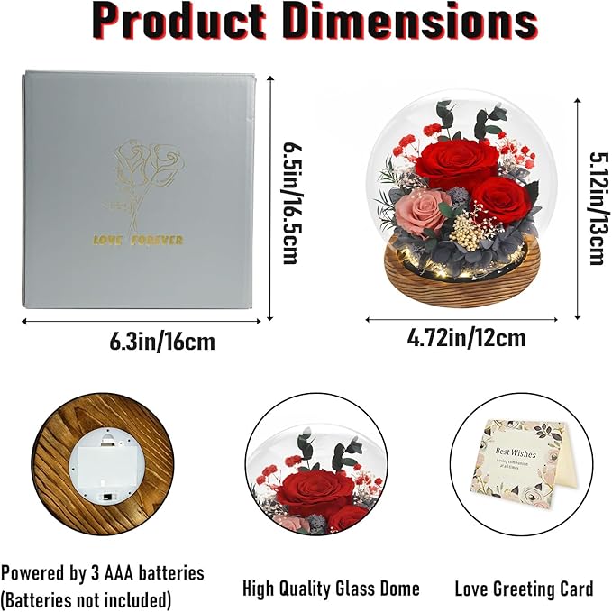 FIACO Valentines Gifts for Her Preserved Flowers in Glass Dome Long-Lasting Eternal Roses Birthday Gifts for Women Mom Grandma Wife Girlfriend Red Forever Flowers for Delivery Prime