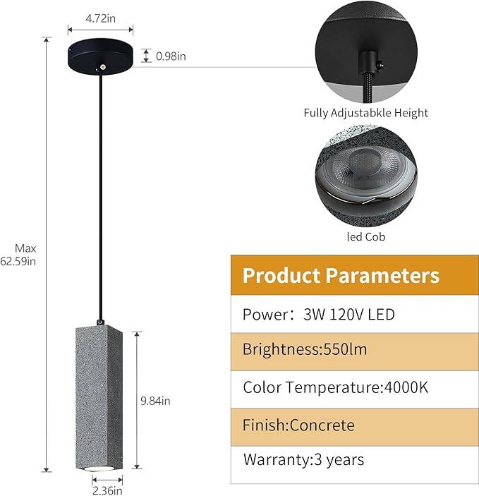 Modern Black Square LED Concrete Pendant Light Kitchen Islandceiling Light Fixture Pendant Lighting for Dining Room Coffee Club Resturant Bar Living Room(2-Pack)