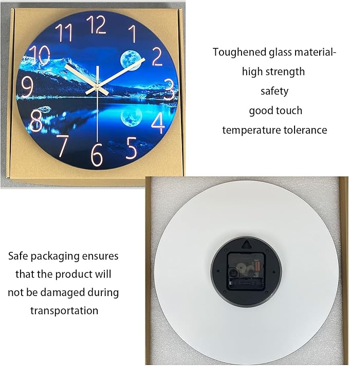 Blue Wall Clock for Bedroom 12 Inch Natural Landscape Round Analog Clock Battery Operated Moon Wall Clock Non Ticking