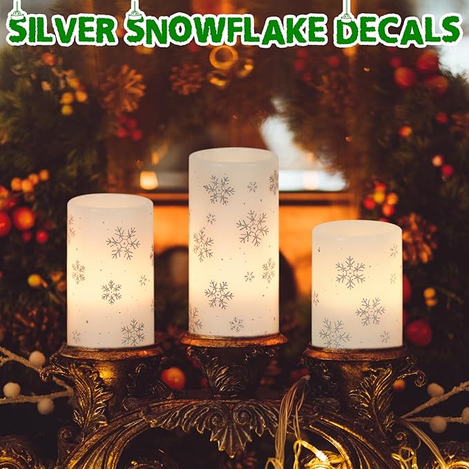 GenSwin Christmas Flameless Candles with Timer, LED Flickering Candles Real Wax with Silver Snowflake Decals, 3 Pack Pillar Candle for Winter Indoor Fireplace Christmas Decor(D3” x H4”5”6”)