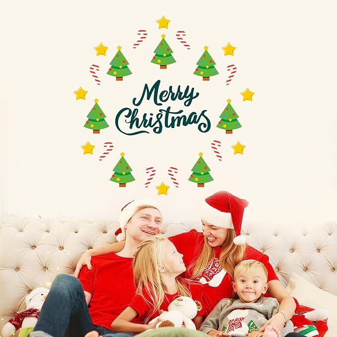 Merry Christmas Wall Decal, Festive Christmas Tree Wall Stickers with Candy Cane and Star Designs for Holiday Decor