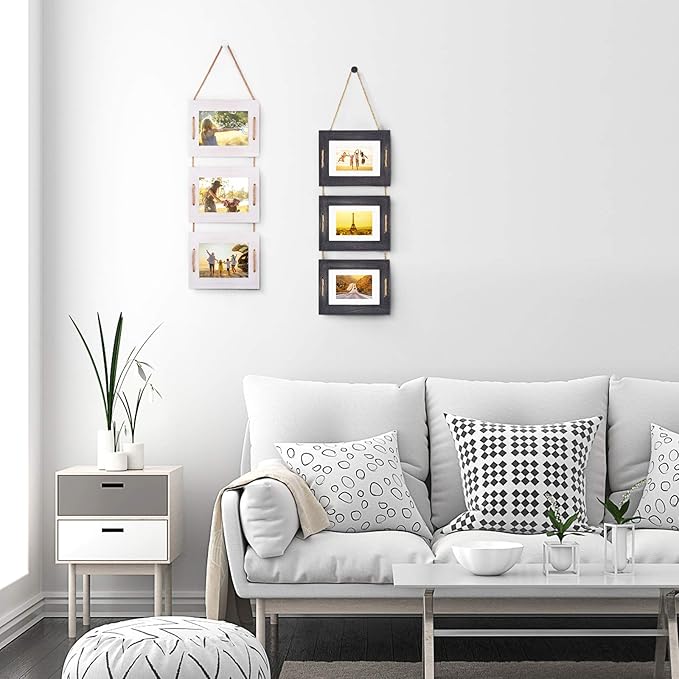 DLQuarts 5x7 Hanging Picture Frames Collage Wall Decor, 3-Opening Photo Frame 5x7 Without Mat & 3.5x5 with Mat, Rustic Wood 3-Frame, Vintage White