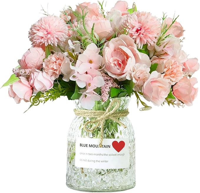 ASTRYAS Artificial Flowers, 2PCS Small Silk Flowers for Home Decor Indoor Fake Bouquet Faux Floral Arrangements Dining Table Centerpieces for Kitchen Bridal Wedding Party Decor, Pink