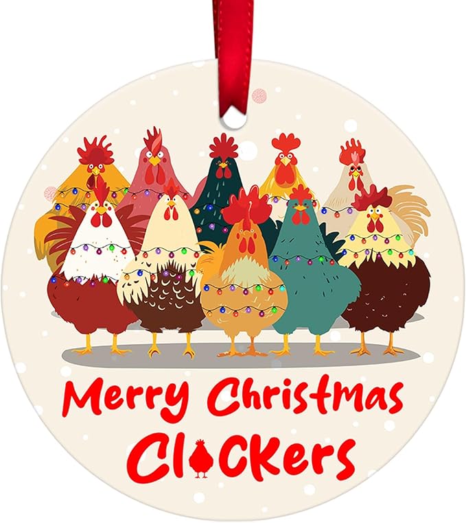 Funny Chicken Ornament 2025 – Ceramic Merry Christmas Flockers Xmas Hanging Farmhouse Hen Rooster Holiday Tree Decoration Gift