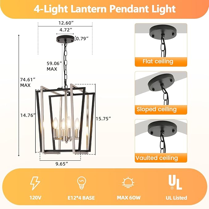 WJShome 4-Light Modern Chandelier, Farmhouse Dining Room Light Fixture Hanging Pendant Lights Kitchen Island, Black and Silver Lantern Pendant Light, Adjustable Height Entryway Chandeliers