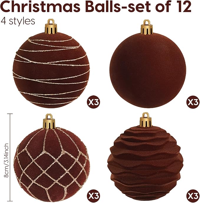 Artmag 12Pcs Velvet Christmas Ornaments Balls Sets for Christmas, Plastic Shatterproof Xmas Tree Flocked 3.15 inch Ornaments Balls for Winter Holiday Decor (Brown)
