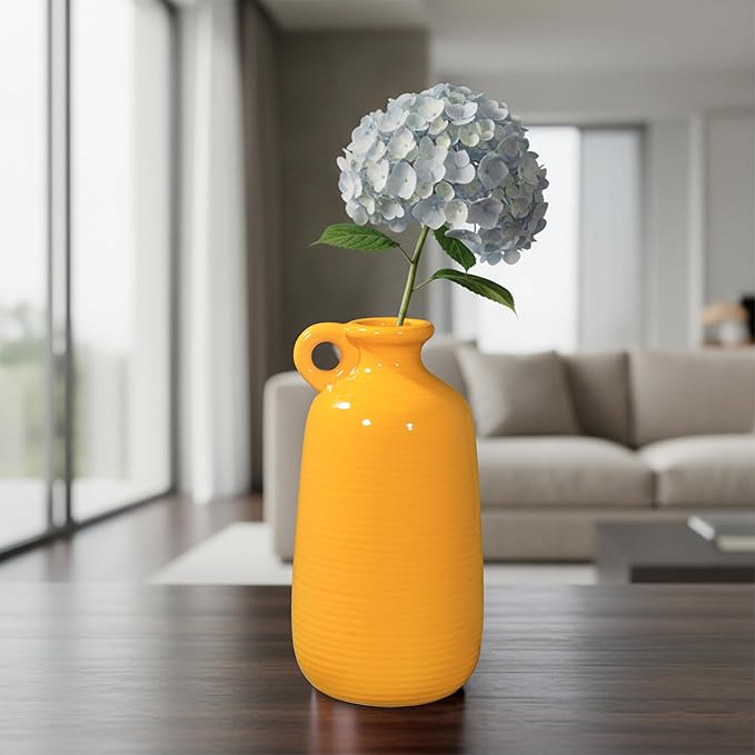 Sunddo Yellow Ceramic Vase for Home Decor -10 inch Modern Handled Decorative Vases for Flowers, Living Room, Kitchen, Shelf, Entryway and Centerpiece Table Decorations