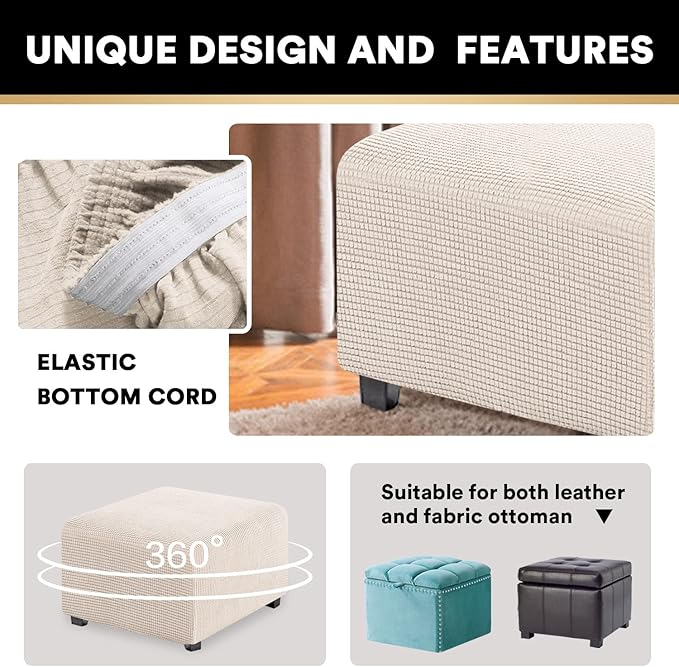 PrinceDeco Stretch Ottoman Cover Ottoman Slipcovers Square for Living Room Foot Stool Stretch Covers to Fit Ottoman Foot Rest, Thick Checked Jacquard Fabric with Elastic Bottom (Medium Size, Ivory)
