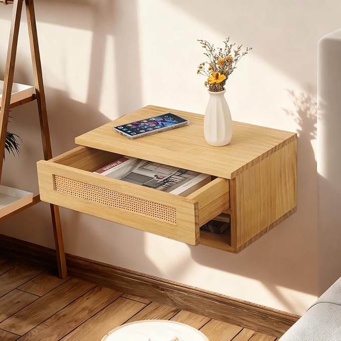 Floating Nightstand, Wall Mounted Rattan Bedside Bedroom with Drawer Nightstand, Small Floating Shelves, Floating Wood Bedside Table for Living Room Bathroom Natural 16”x 10”x 8”