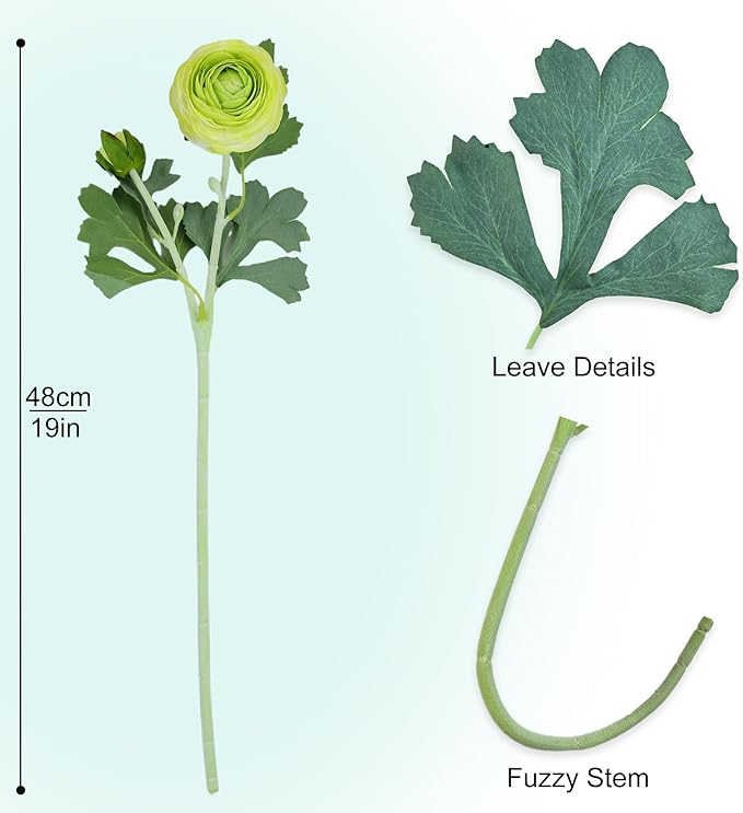 Artificial Ranunculus Flowers with Real Touch Stem, Silk Ranunculus Flowers (Green, 10pcs)
