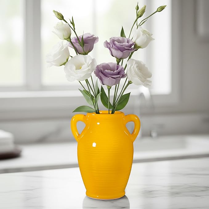 Sunddo Yellow Ceramic Vase 8 Inch - Modern Decorative Vase with 2 Handles for Home Decor, Ideal Centerpiece for Kitchen, Living Room, and Dining Table