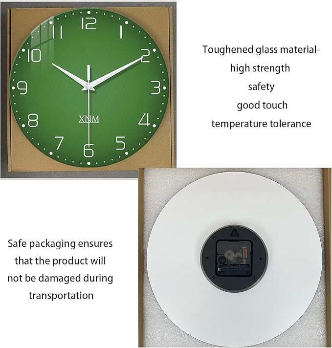 XNM Bedroom Clock Battery Operated Glass Minimalist Green Wall Clock 12 Inch Round Small Wall Clock Silent Non Ticking