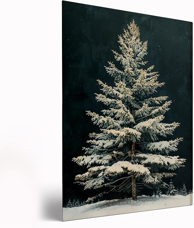 Snowy Christmas Tree Wall Art,Vintage Winter White Fir Tree Painting,Winter Christmas Wall Art,Snowy Pine Tree Decor,Dark Academia Botanical Print,Christmas Vintage Vertical Print24x36inch Framed Art