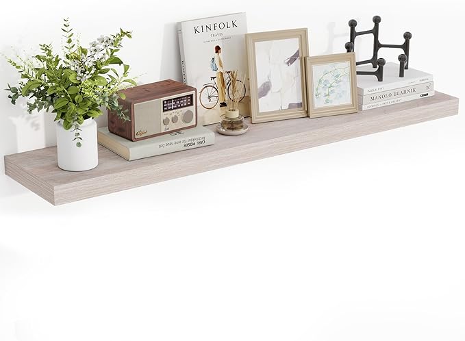 48 Inch Floating Shelves, 3D Textured Wood Grain, 48"x9.25"x1.5" Inch Deep Floating Shelves for Wall, Wooden Shelves for Bathroom, Bedroom, Living Room, Washed White, 1 Piece