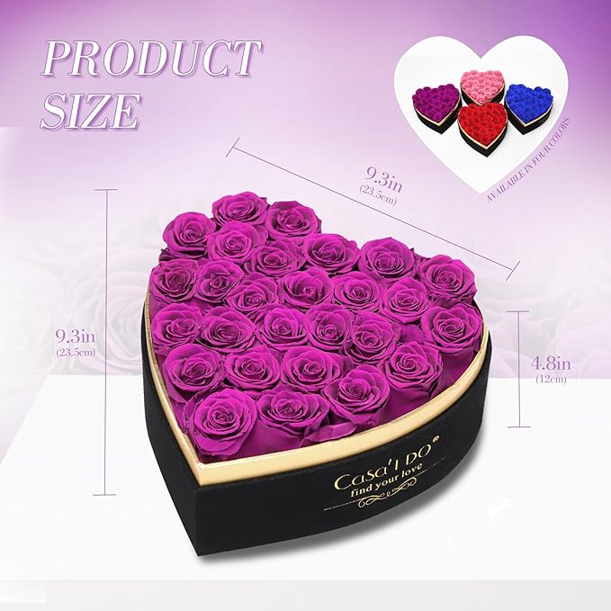 Preserved Roses Flowers for Delivery 27 Pcs, Forever Flores in Heart Box with Necklace, Eternal Rose Anniversary Birthday Gift for Women Wife Girlfriend, Rosas for Valentines Christmas, Purple