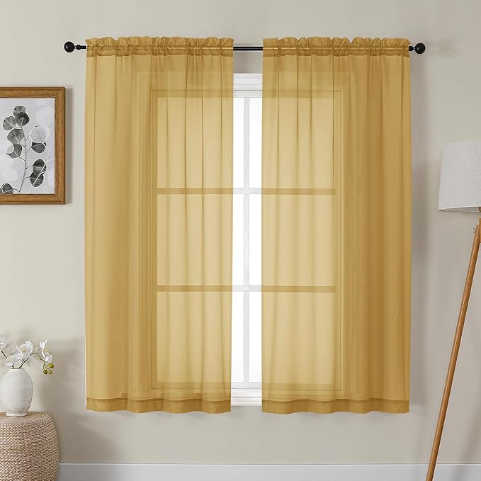 Gwine Gold Sheer Curtains 63 Inch Length for Living Room 2 Panels, Light Filtering Rod Pocket Window Curtain Treatment for Bedroom, Voile Elegant Sheer Drapes，Each 42" Wx63 L, Gold
