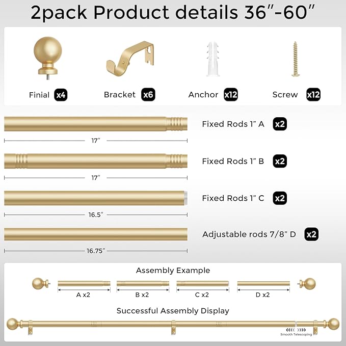 2 Pack Gold Curtain Rod, 1 Inch Adjustable Heavy Duty Curtain Rods for Windows 30 to 56 Inch, Decorative Modern Window Treatment Rods, Splicing Metal Drapery Pole, Easy Installation