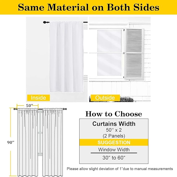 White Curtains for Bedroom Living Room 90 Inches Long 2 Panels Set, Soft Solid Light Filtering Thermal Insulated Window Treatments, Modern Rod Pocket Privacy Curtain, 50" Wx90 L