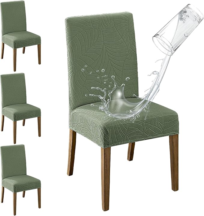 MOSAYT 100% Waterproof Dining Room Chair Covers Set of 4, Super Fit Stretch Jacquard Parson Chairs Slipcovers Removable Washable Chair Seat Protectors for Home, Kitchen, Banquet (Green - XL)