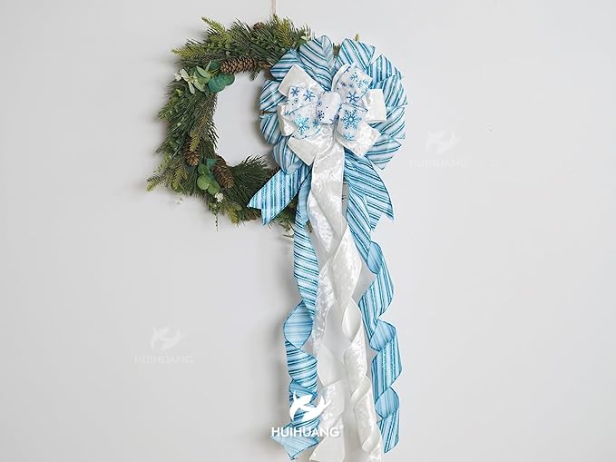 HUIHUANG Blue and White Christmas Tree Topper Bow 13 inch x 45 inch Large Christmas Bows Snowflake Velvet Bows for Christmas Tree Ornament, Wreaths, Staircase, Mantel, Home Decor
