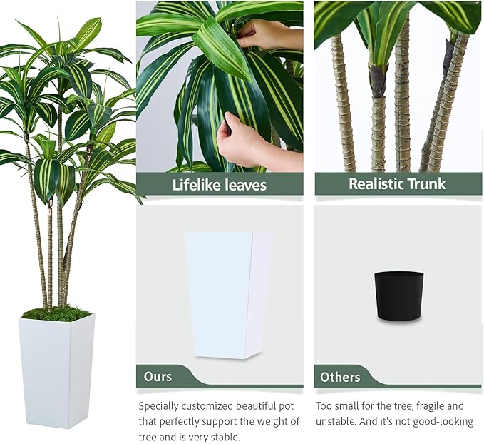 Dracaena Artificial Plants Indoor, 5FT Tall Faux Tree with White Tall Planter, Fake Yucca Tree Floor Plant, Artificial Trees for Home Office Living Room Garden Decor Outdoor, Housewarming Gift