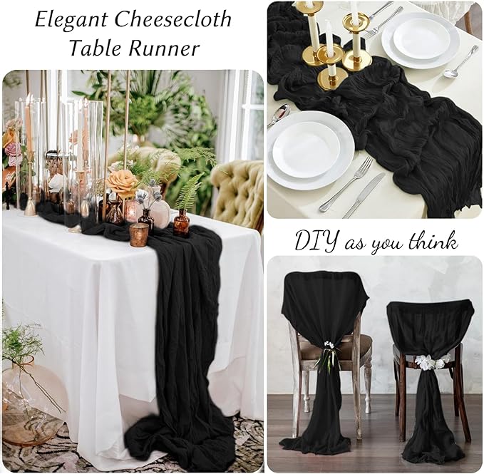 10 Pack Black Cheesecloth Table Runner,10FT/120 Inch Boho Gauze Fabric Table Runner,Rustic Sheer Black Cheese Cloth Runner Bulk for Wedding,Bridal Baby Shower,Birthday Party,Holiday Home Table Decor