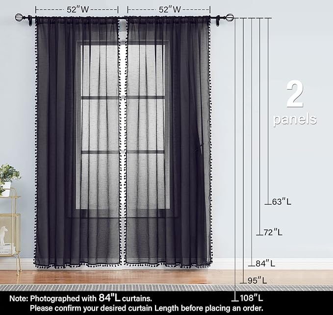 Treatmentex Modern Black Sheer Curtains for Studio 72 inches Long Bedroom Curtain Panels Living Room Bedroom Pom Pom Window Drapes 2-Pack