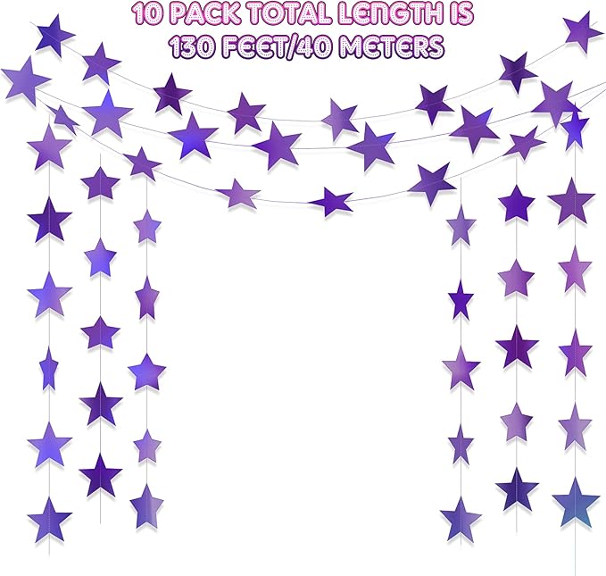 Patelai Glitter Star Garland Banner 2026 New Years Decor 130 Feet Star Hanging Banner Twinkle Backdrop for Birthday Classroom Wedding Christmas Party Supplies(Holographic Purple)
