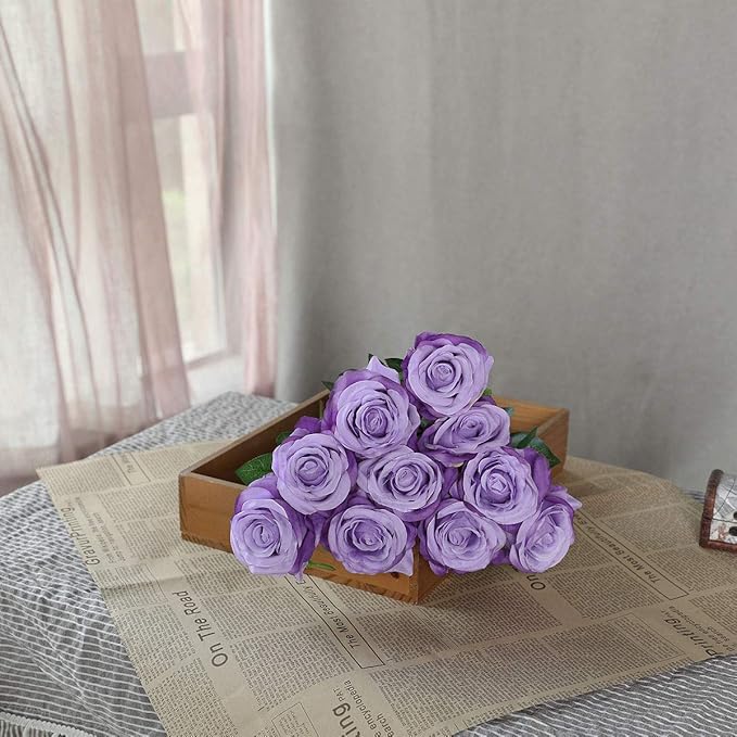 Nubry Artificial Silk Rose Flower Bouquet Lifelike Fake Rose for Wedding Home Party Decoration Event Gift 10pcs (Light Purple)