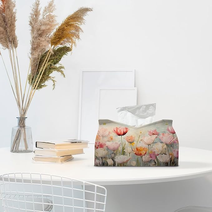 Spring Floral Leather Tissue Box Cover Rectangle, Tulip Flower Toilet Paper Box Holder,Flower Decorative Facial Paper Case for Farmhouse Living Room Bathroom Kitchen Office Desk,9.8x5.9x5.9In