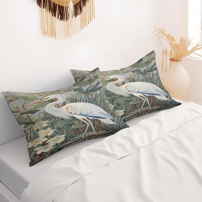 Heron Pillow Protectors with Zipper Standard Size William Morris Pillow Covers Set of 2 Rustic Bird Animal Pillowcases Chinoiserie Vintage Nature Floral Botanical Bed Pillow Covers 24"X12"