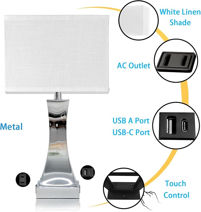 Table Lamp for Bedroom 3-Way Dimmable Touch Control Chrome Bedside Lamp with USB A+C Port & AC Outlet 21.6" Tall Nightstand Lamp for Living Room Office and Hotel Bulb Included