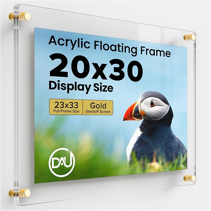 Acrylic Floating Frames Gold Standoffs(single) 20" x 30" Clear Acrylic Frames for Wall Mount Floating Picture Frame, Diploma Poster Certificate Hanging Photo Display Degree Prints Artwork Documents