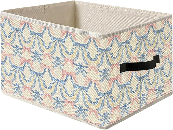 Coquette Blue and Pink Ribbon Bow Storage Bin Box with Handles, Grandmillennial Girly Aesthetic Foldable Organizer Basket Toybox for Girls Dorm Bedroom Bathroom Clothes Toys Books