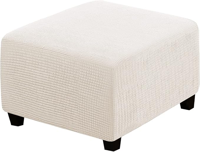 H.VERSAILTEX Square Ottoman Covers Ottoman Slipcovers Folding Storage Stool Furniture Protector Form Fit with Elastic Bottom, Stretch High Spandex Small Checks Jacquard Fabric(Large,Ivory)