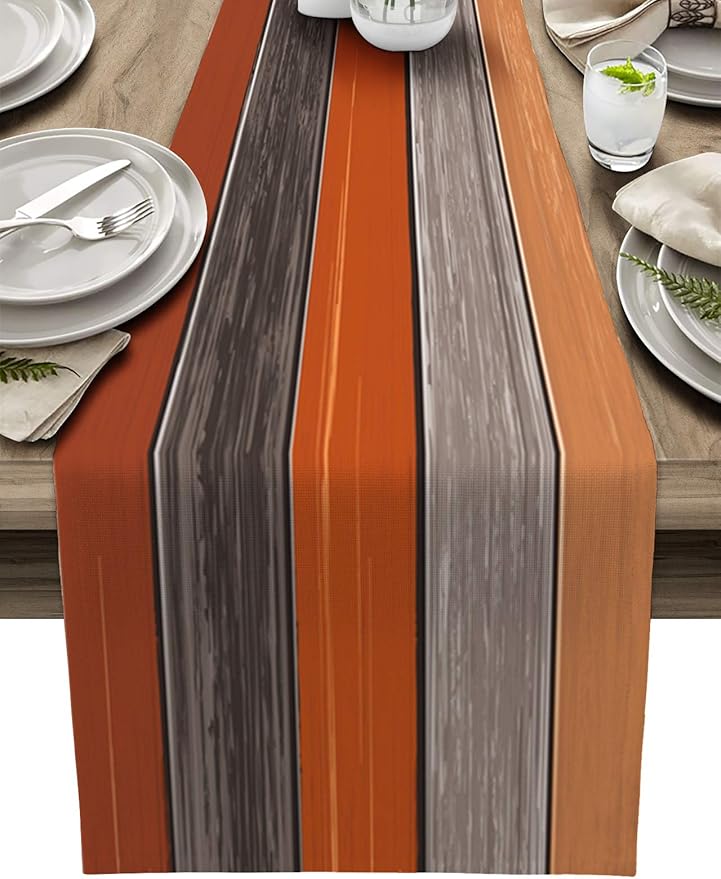 Farmhouse Fall Thanksgiving Table Runner Dresser Scarf Retro Rustic Barn Wood Texture Ombre Burnt Orange Gray Non-Slip Rectangle Settings Decoration for Kitchen Home Dining Holiday,,13X72 Inches Long