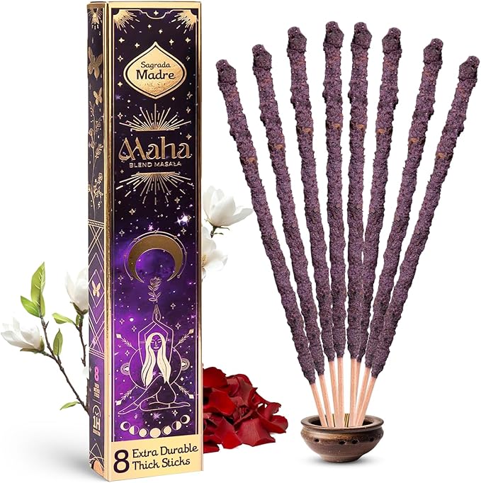 Sagrada Madre - 8 Extra-Durable Maha Masala Incense Sticks - 9” Long Handmade & Thick Aromatherapy Sticks with Rose Petals & Essential Oils for Meditation & Spiritual Harmony - 1 Hour Burn Time