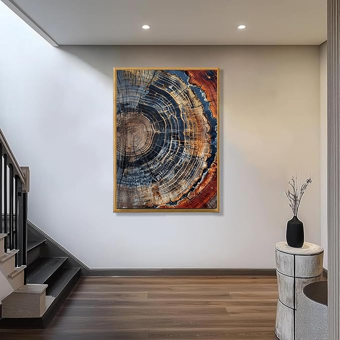 IBHJSART Framed Tree Ring Canvas Wall Art Vintage Colorful Wood Stump Painting Prints Modern Minimalist Pictures Neutral Nature Rustic Farmhouse Decor Living Room Bedroom Bathroom Office