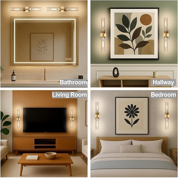 LaLuLa 2-Pack Bathroom Vanity Light Fixtures – Modern 2-Light Gold Wall Sconces with Knurled Texture, Clear Glass Shades, Horizontal or Vertical Mount, Bathroom Lighting Fixtures Over Mirror
