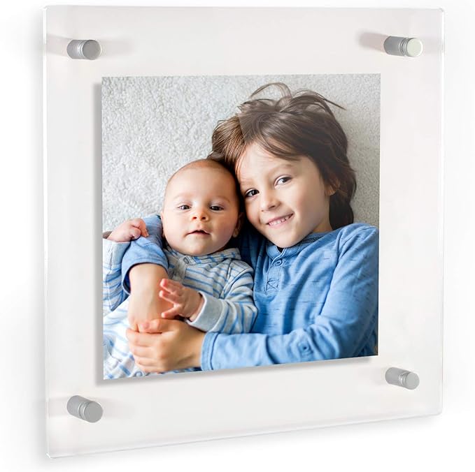 ArtToFrames Floating Acrylic Frame for Pictures Up to 8x8 inches (Full Frame is 12x12) with Muted Chrome Standoff Wall Mount Hardware, Acrylic-109-8x8-70