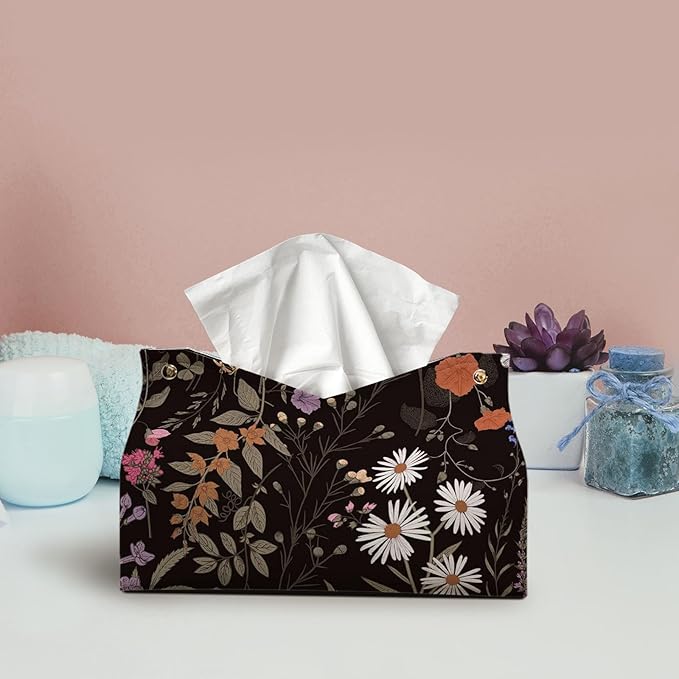 Black Rectangle Tissue Box Cover, Flroal Decorative Tissue Paper Holder, Vintage PU Leather Tissue Holderm Cottagecore Farmhouse Decor for Bathroom Kitchen Living Room Desk 9.8x5.9x5.9