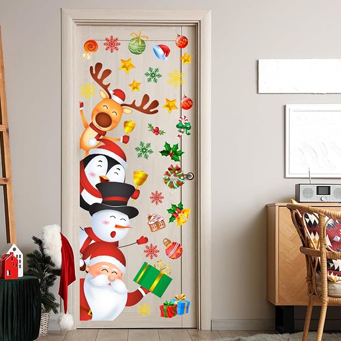 44.9x15.7 Inch Large Christmas Door Stickers Decor Removable Santa Snowman Snowflake Door Decal for Living Room Kids Bedroom Decorations Winter Xmas Holiday Party Festival Gift